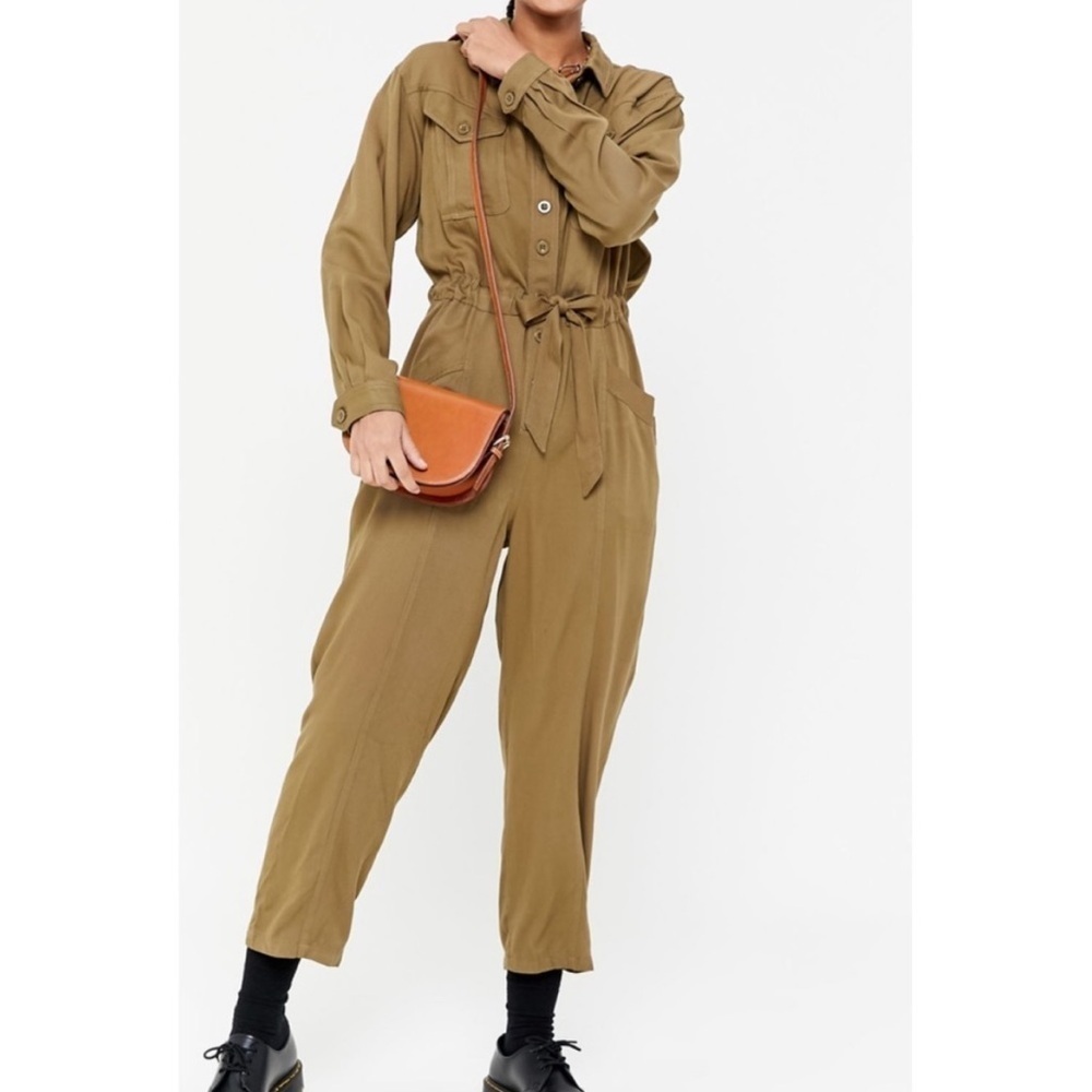 BDG Urban Outfitters Olive Tie Waist Long Sleeve Jumpsuit